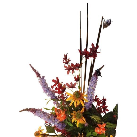 Artificial Floral Arrangement In Fishing Creel Basket With Vibrant Red Purple & - Picture 2 of 15